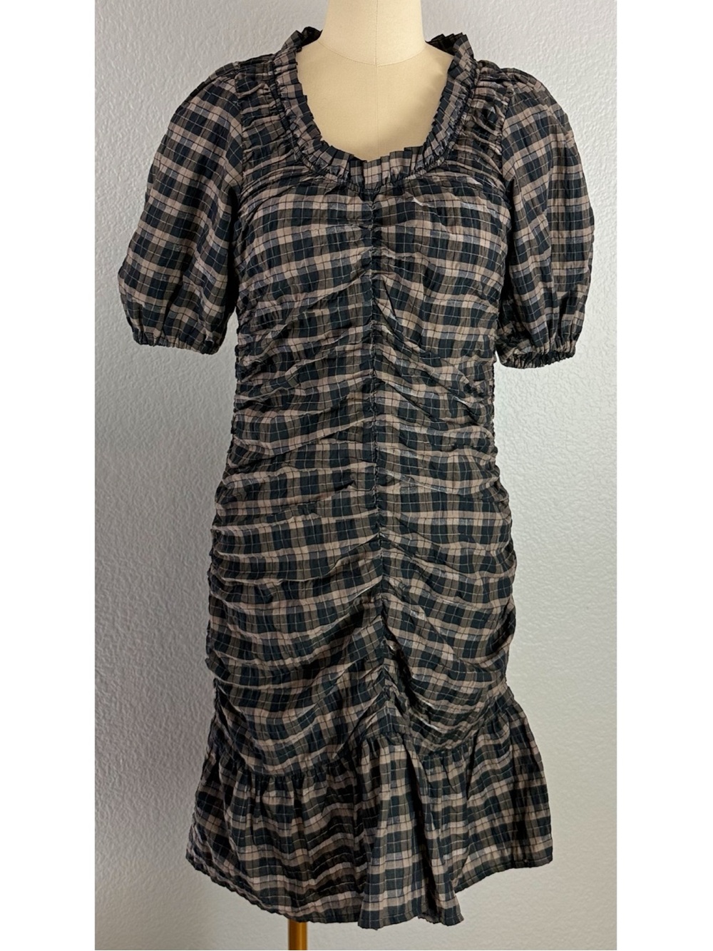 GANNI Seersucker Check Puff-Sleeve Plaid Ruching Midi Dress size 38